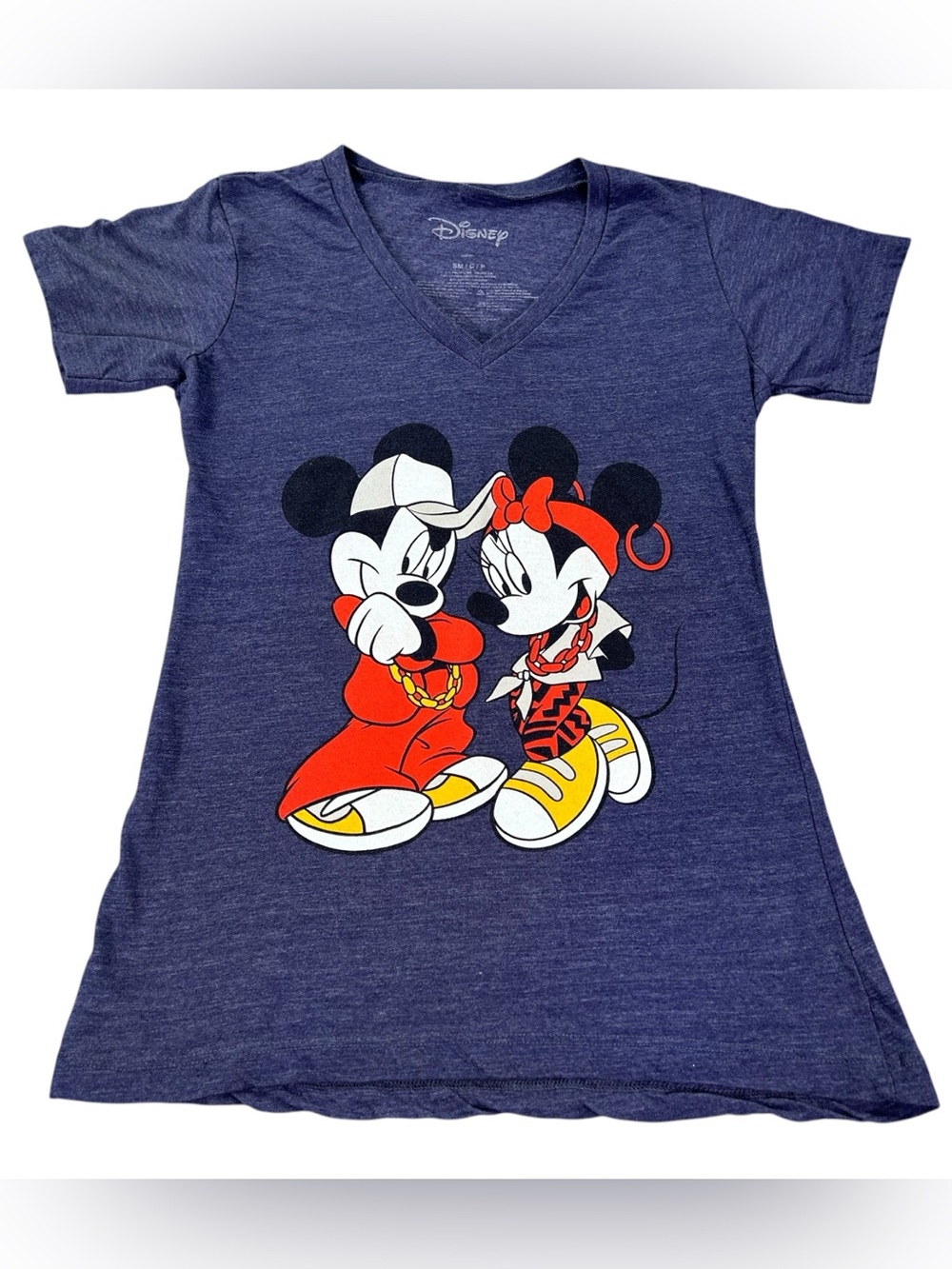 Disney Mickey Minnie Mouse Hip Hop Graphic Tee Women’s S Y2K V Neck Navy